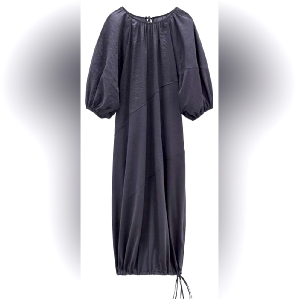 Zara Gray Midi Gown with Bishop Sleeves and Crew Neck